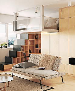 Modern loft apartment with a wooden staircase, built-in shelving, glass-paneled loft bed, and a cushioned sofa in a bright, minimalist interior.